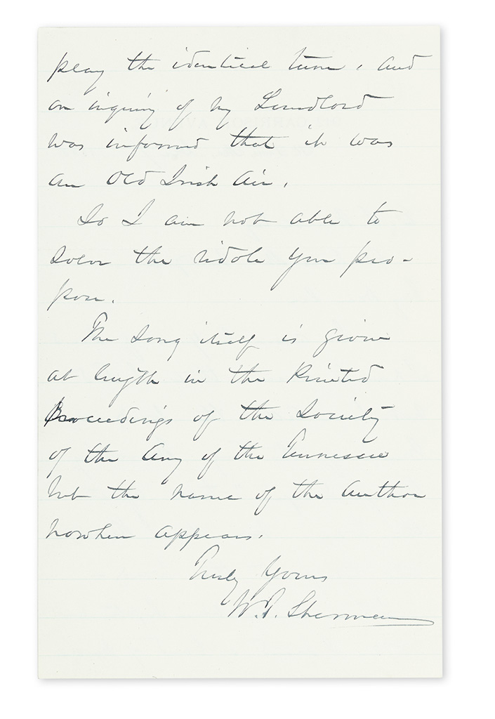 SHERMAN, WILLIAM TECUMSEH. Autograph Letter Signed, W.T. Sherman, to E.S. Marsh,